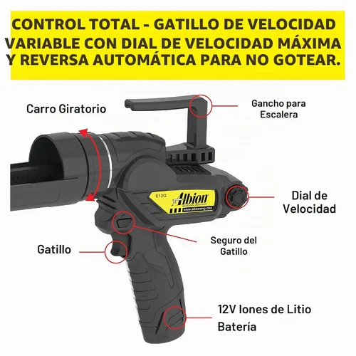 Vista 3 de Albion Engineering E12Q B-Line - Pistola de calafateo de cartucho inalámbrica, sin goteo, 12 V, 1 cuarto de galón