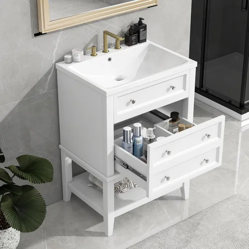 Vista 22 de Tocador de baño multifuncional de 30 pulgadas con lavabo individual, armario combinado de montaje inferior, marco de gabinete de baño de madera
