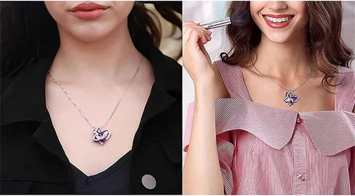 Vista 2 de Kshcf - Collar de cadena con dije de cristal de mariposa, lindo suéter de cadena doble de mariposas, regalo de cumpleaños para mujer, Aleación +