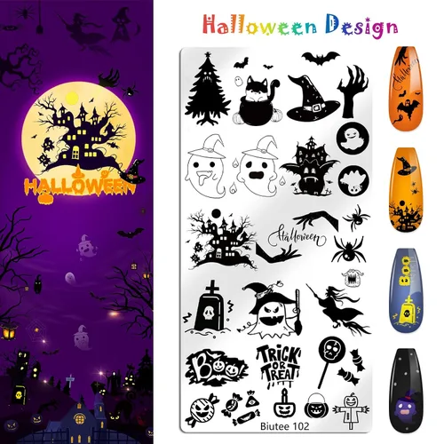 Vista 4 de Biutee - Juego de 10 placas de estampado de uñas, diseño de Halloween, kit de estampado de uñas 14 piezas