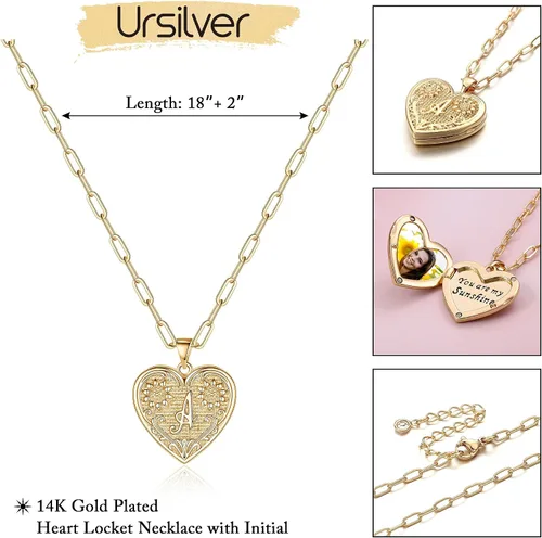Vista 2 de Collares con medallón para mujeres y niñas, chapado en oro de 14 quilates, collar con inicial de corazón de girasol, collar con medallón de corazón