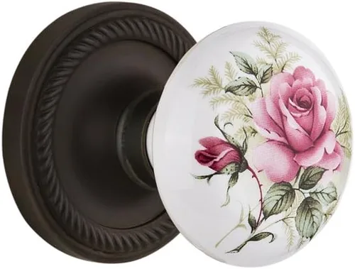 Vista 10 de Nostalgic Warehouse 711306, Mortaja de 2.25 pulgadas, roseta de cuerda de latón antiguo con perilla de porcelana rosa blanca