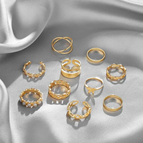 Vista 7 de Long tiantian Anillos dorados para nudillos para adolescentes y niñas, juego de anillos apilables estilo bohemio, huecos, tallados, apilables, midi