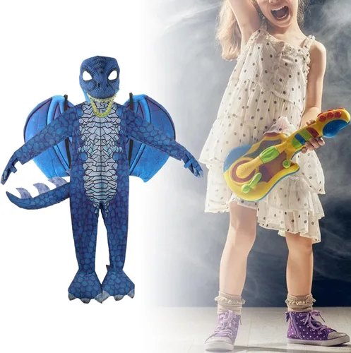 Vista 5 de Yiju Child Dragon Costume, Boys Dragon Wing, Tail and Mask Set for Halloween Dress Up Party Supplies, Blue Size L 130cm