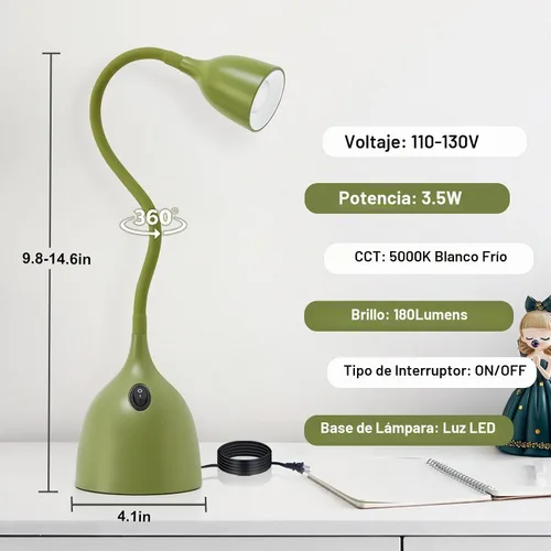 Vista 6 de Lámpara de Escritorio de Cuello de Cisne EJIAXIN 360° Luz de Lectura LED Flexible Lámpara de Escritorio Pequeña para Espacios Pequeños Lámpara