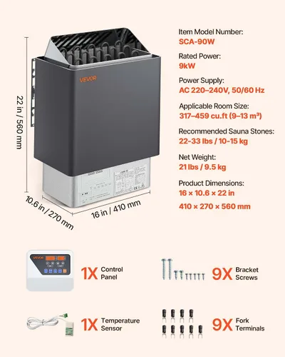 Vista 7 de VEVOR - Calefactor de sauna, estufa eléctrica de 9 kW, 220 V, calefactor de baño de vapor con controlador digital externo, temporizador de 3 h