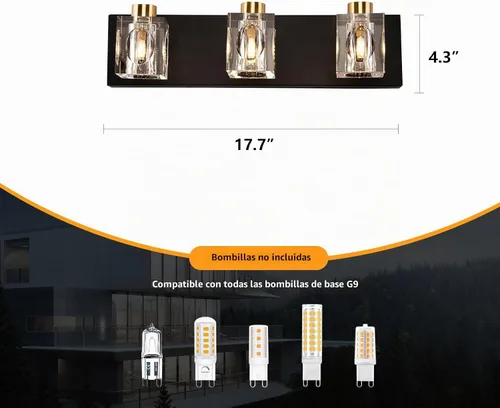 Vista 3 de Modernas luces de cristal para tocador, accesorios de luz para tocador de baño de 3 luces, luces de baño negras y doradas sobre espejo, apliques