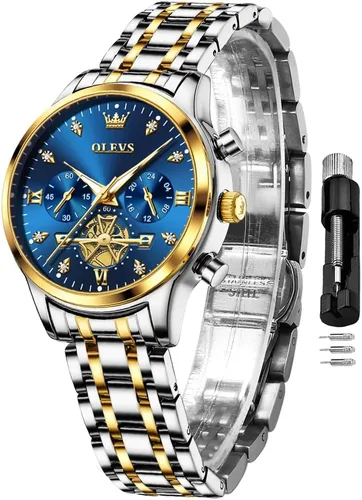 Vista 17 de OLEVS Reloj multifuncional de dos tonos para mujer, reloj analógico de cuarzo para mujer, de acero inoxidable, resistente al agua, con diamantes