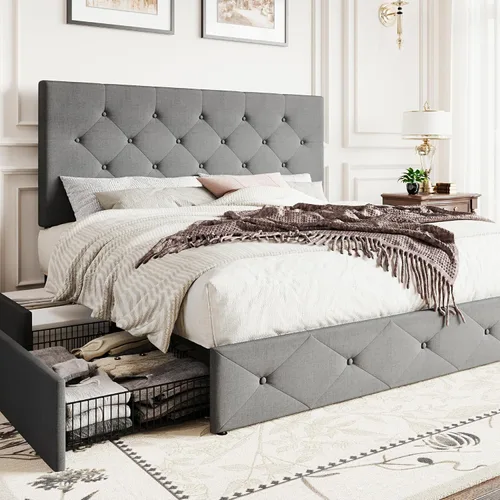 Vista 23 de SHA CERLIN Base de cama de plataforma tamaño matrimonial tapizada con 4 cajones de almacenamiento, cabecero ajustable con diseño cosido en cuadrados