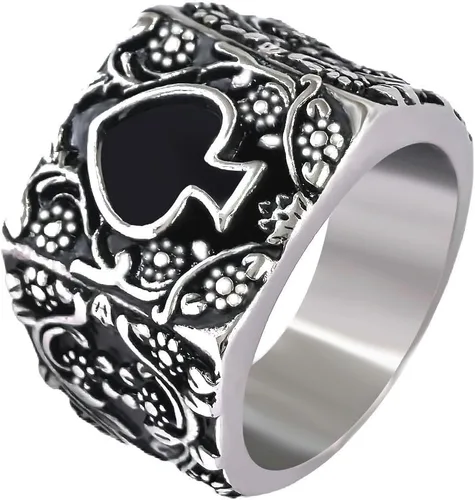 Vista 8 de JAJAFOOK Anillo de acero inoxidable para hombres y mujeres, diseño de espada de póquer, plata y negro, tallas 6-14 Pala Ace Oro Negro