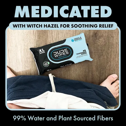 Vista 2 de DUDE Toallitas – Toallitas desechables medicadas – 1 paquete, 48 toallitas – Toallitas húmedas extra grandes para adultos sin perfume – Hamamelis