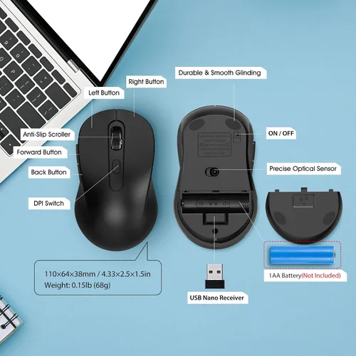 Vista 9 de Mouse inalámbrico para laptop, PC, Chromebook, Mac, MacBook, mouse inalámbrico silencioso con receptor USB nano, botón lateral, 2400 DPI, rodillo
