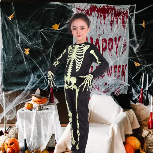 Vista 3 de Disfraz de esqueleto con brillo en la oscuridad para niños niños pequeños vestido de fiesta de Halloween para niñas y niños