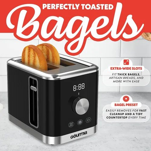 Vista 8 de Gourmia Tostadora de 2 rebanadas: 6 niveles de tostado con modo Bagel y descongelación, tostado de un solo toque, bandeja extraíble para migas