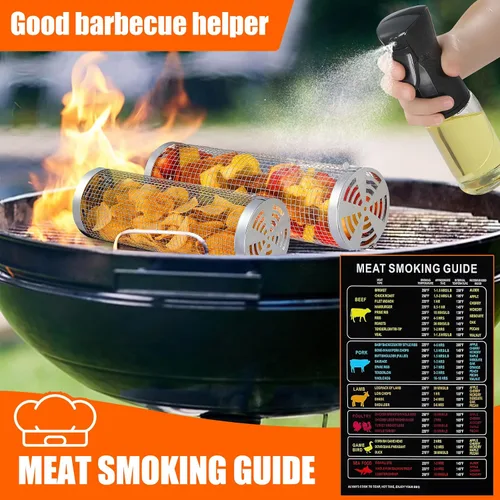 Vista 6 de Juego de barbacoa de 10 piezas: 2 cestas de parrilla enrollables para voltear sin esfuerzo, acero inoxidable 304 para una fácil limpieza, salchichas