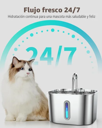 Vista 4 de Fuente de agua para gatos de acero inoxidable, fuente para gatos de 74 oz/2.2 L con bomba silenciosa, dispensador automático de agua para mascotas