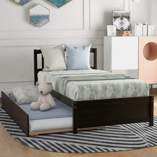 Vista 3 de Harper & Bright Designs Cama de plataforma de tamaño individual con nido para niños y niñas, marco de cama de madera maciza con cabecera y estribo