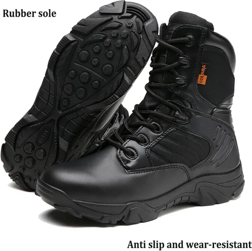 Vista 2 de Botas tácticas para hombre, botas de combate de 8 pulgadas, botas de trabajo para hombres, duraderas con cremallera lateral, botas militares