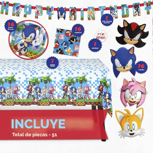 Vista 2 de Decoraciones de fiesta de cumpleaños de Sonic, sirve para 16 invitados