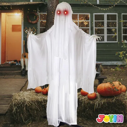 Vista 6 de JOYIN Decoraciones de Halloween de 67 pulgadas para exteriores, decoración de fantasmas animatrónicos de tamaño real, esqueleto activado por sonido
