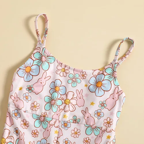 Vista 3 de YOKJZJD Traje de Pascua para bebé niña pequeña, sin mangas, overol de conejo, pantalones acampanados, leggings