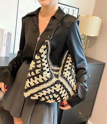 Vista 9 de Bolsos Hobo de paja para mujer, bolso de hombro vintage, bolsa de mano, bolsa de playa de diseñador, bolsa de playa, vacaciones, trabajo, todos
