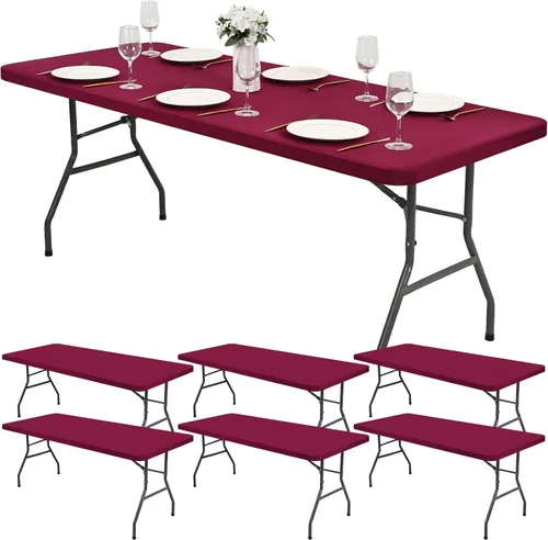 Vista 21 de Paquete de 6 fundas de tela elástica para mesa, color beige, para mesas de 8 pies, protector de mantel rectangular universal lavable y elástico