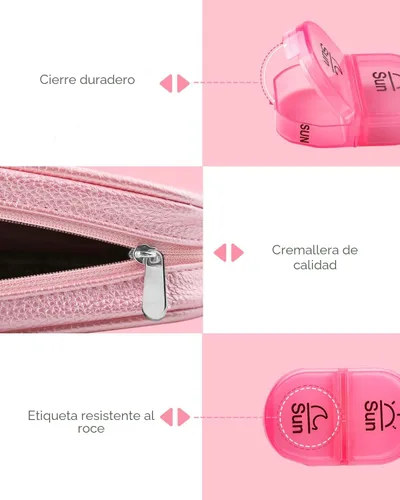 Vista 7 de AMOOS Lindo organizador de pastillas 2 veces al día, pastillero de cuero PU para mujer, pastillero semanal portátil para bolso con bolsa