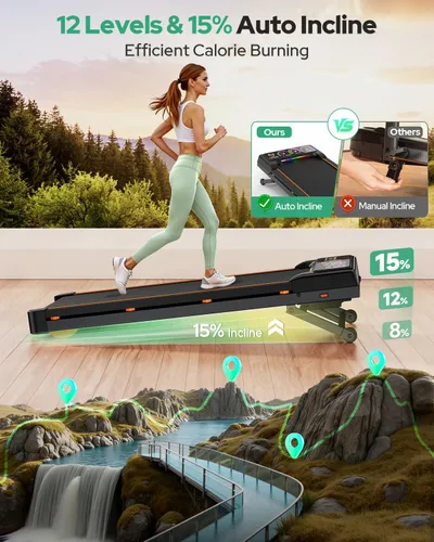 Vista 2 de Almohadilla plegable para caminar con 15% de inclinación automática/luz RGB/pantalla dual, cintas de correr de 3.5 HP para el hogar, almohadilla