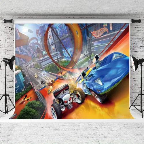 Vista 2 de EOA Ruedas de 5 (W) x3 (H) FT Wild Hot Racer Photogarphy Backdrops Fiesta de Cumpleaños Videojuegos Fondo de Carreras de Coches Niños Banner Sesión