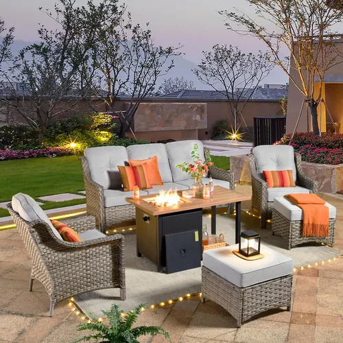 Vista 42 de HOOOWOOO Sofá de patio de 3 plazas de mimbre para exteriores, resistente a todo tipo de clima, con respaldo alto, muebles a juego (beige y bronceado)