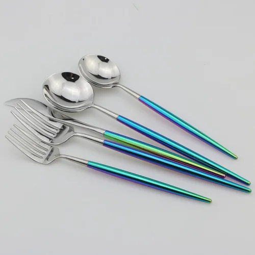 Vista 5 de Juego de cubiertos Coloful Rainbow Handle Silver de 5 piezas, espejo de acero inoxidable 18/10, servicio para 1 plateado