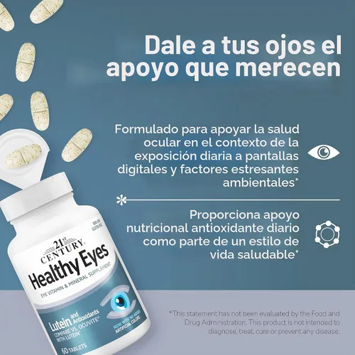 Vista 3 de 21st Century Ojos saludables con tabletas de luteína, 60 unidades, blanco (27452) Eye Vitamin with Lutein Plus Antioxidants A, Compare VS.