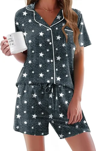 Vista 8 de Ekouaer - Conjunto de pijamas de manga corta para mujer, con botones, suave, 2 piezas, conjuntos de descanso, tallas XS-XXXL Verde Aqua