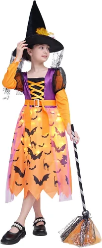 Vista 5 de DNQCOS Disfraz de bruja iluminada para niñas, disfraz de bruja de Halloween con escoba y sombrero de bruja