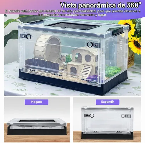 Vista 2 de Jaula para hámsters, grande, plegable, portátil, con visión de 360°, con ventilación, con villas, ruedas de ejercicio, para hámsters, ratas, Negro