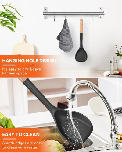 Vista 6 de Espátula de silicona antiadherente, borde flexible antiarañazos para sartenes, mango de madera cómodo antideslizante, resistente al calor, espátulas