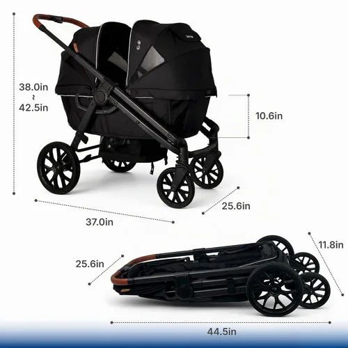 Vista 10 de Cochecito vagón para 2 niños, todo terreno con toldo extraíble de protección UV, mango ajustable para empujar/tirar, bandeja para aperitivos y Negro