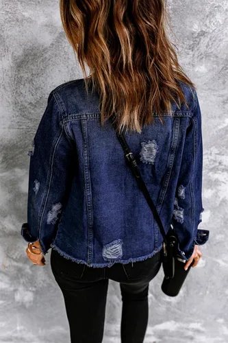 Vista 3 de Chaqueta de mezclilla para mujer, chaqueta de jean desgastada de gran tamaño para mujer, tendencia