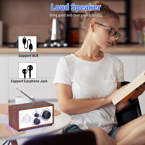 Vista 4 de Altavoz Bluetooth AM FM de madera vintage con enchufe de pared, diseño elegante y retro, altavoz Bluetooth con entrada auxiliar, conector