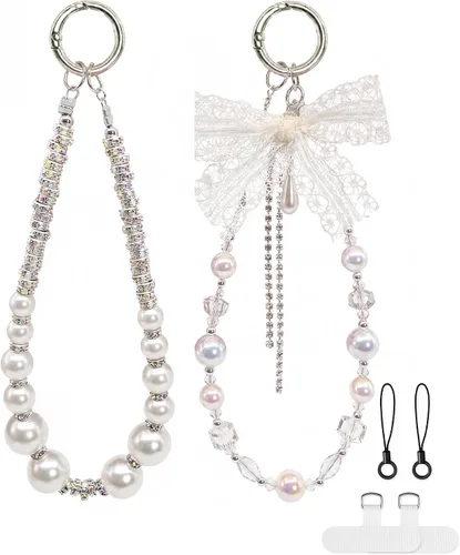 Vista 14 de Correa de muñeca para teléfono con cuentas de perlas, pulsera de teléfono desmontable con lengüeta de sujeción, pulsera universal con cuentas