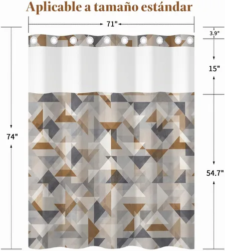 Vista 2 de No Hook Geometric Shower Curtain with Snap in Liner - 71″W x 74″L Waterproof Fabric with Mesh Top Window, Modern Abstract Triangle Design Bath