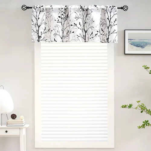Vista 2 de Luvyohmee Cortina de cenefa estampada con ramas de árbol, cenefa de cocina de 18 pulgadas de largo, color negro, cenefas de ventana grises