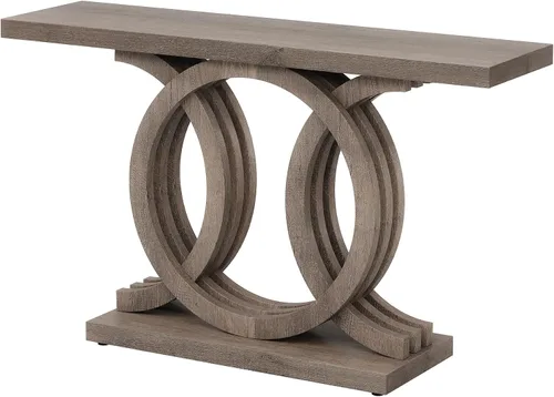 Vista 9 de Tribesigns Mesa consola de 55 pulgadas con base de madera geométrica, mesa de entrada moderna con mesa gruesa para sala de estar, pasillo, Marrón