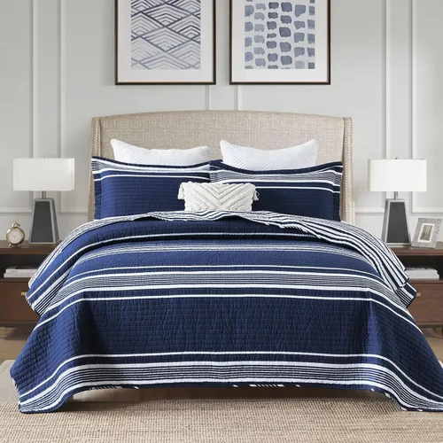 Vista 2 de SahSahCasa Juego de edredón tamaño Queen, 100% algodón, juego de ropa de cama Queen, colcha ligera reversible a rayas para cama Queen, para todas