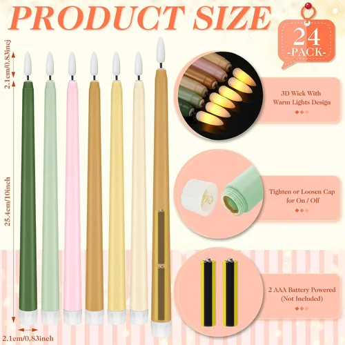 Vista 2 de Baquler 24 velas cónicas sin llama de 11 pulgadas, color rosa y verde, funciona con pilas, velas LED coloridas y parpadeantes de plástico dorado