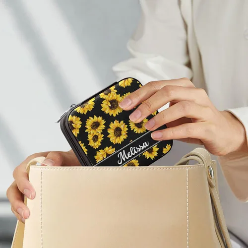 Vista 7 de Joyero de viaje personalizado con girasoles, de piel sintética, caja de joyería portátil personalizada, organizador de viaje, pequeña caja