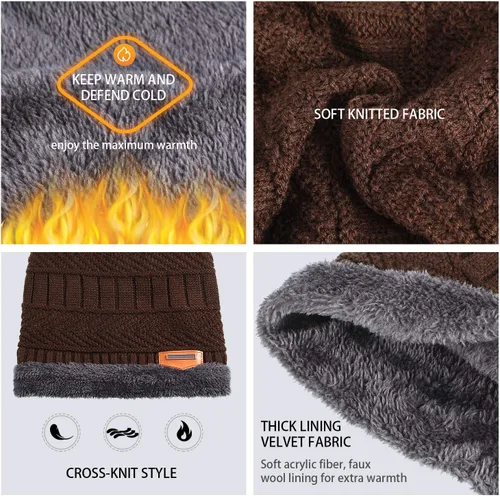 Vista 4 de Conjunto de gorro de invierno con forro polar y bufanda para hombres y mujeres, 3