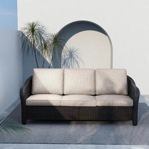 Vista 13 de Sofá de patio al aire libre de 2 plazas con mimbre de PE tejido a mano Beige
