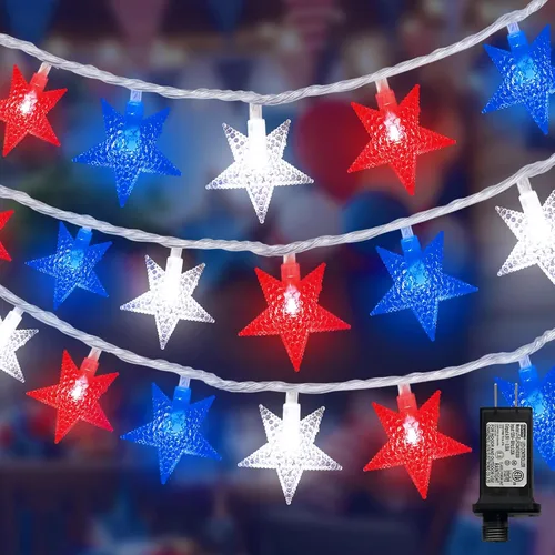 Vista 11 de LAMPHOME Guirnalda de luces LED de estrella roja, blanca y azul, 20 luces LED de hadas con cable transparente, 3 AA impermeables, 8 modos, luces